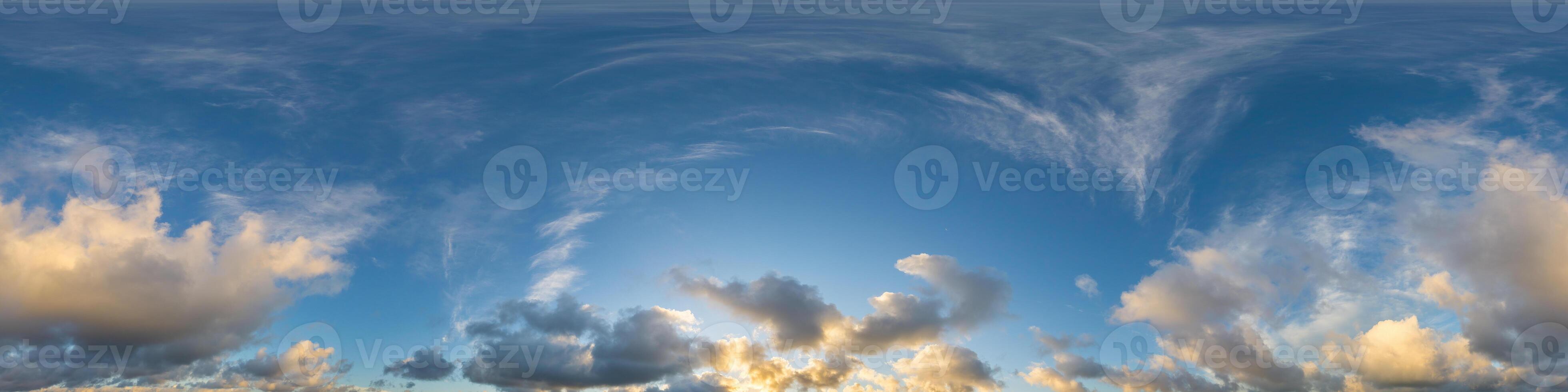 Dark blue sunset sky panorama with Cumulus clouds. Seamless hdr pano in spherical equirectangular format. Complete zenith for 3D visualization, game and sky replacement for aerial drone 360 panoramas. photo