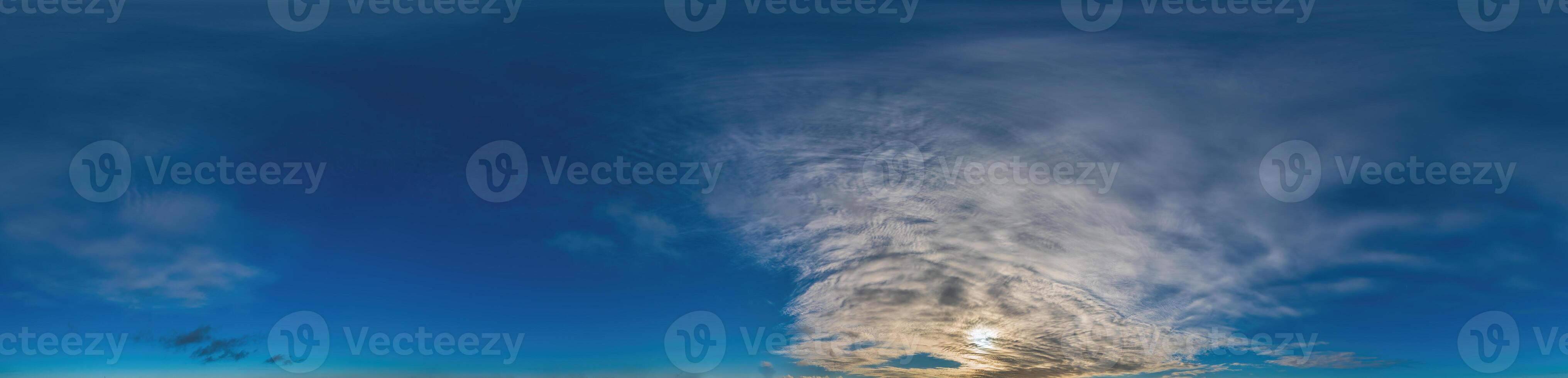 Blue sky with Cirrus clouds Seamless panorama in spherical equirectangular format. Complete zenith for use in 3D graphics, game and for composites in aerial drone 360 degree panoramas as a sky dome photo