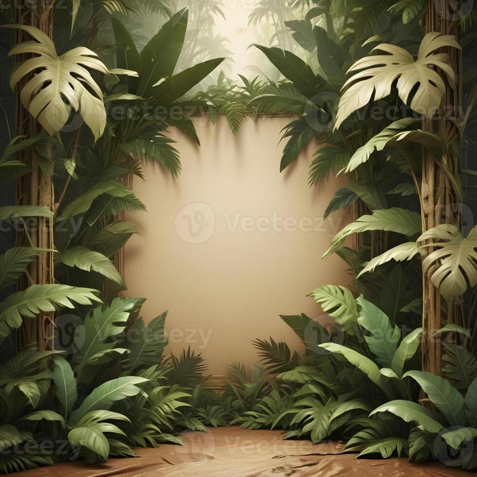 Tropical forest background, jungle background with border made of tropical leaves with empty space in center, copy space. photo