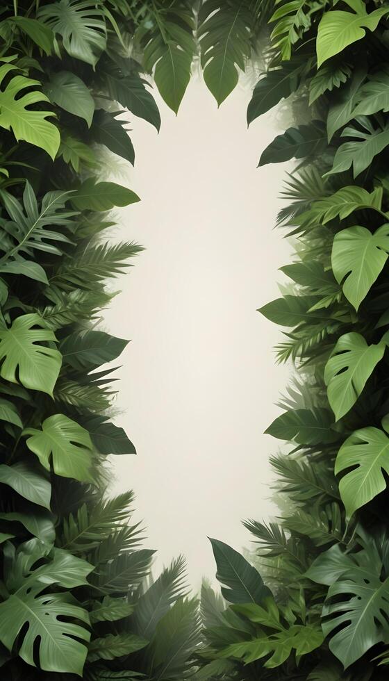 Tropical forest background, jungle background with border made of tropical leaves with empty space in center, copy space. photo
