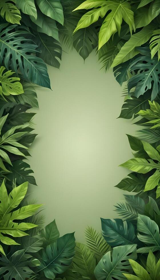 Tropical forest background, jungle background with border made of tropical leaves with empty space in center, copy space. photo