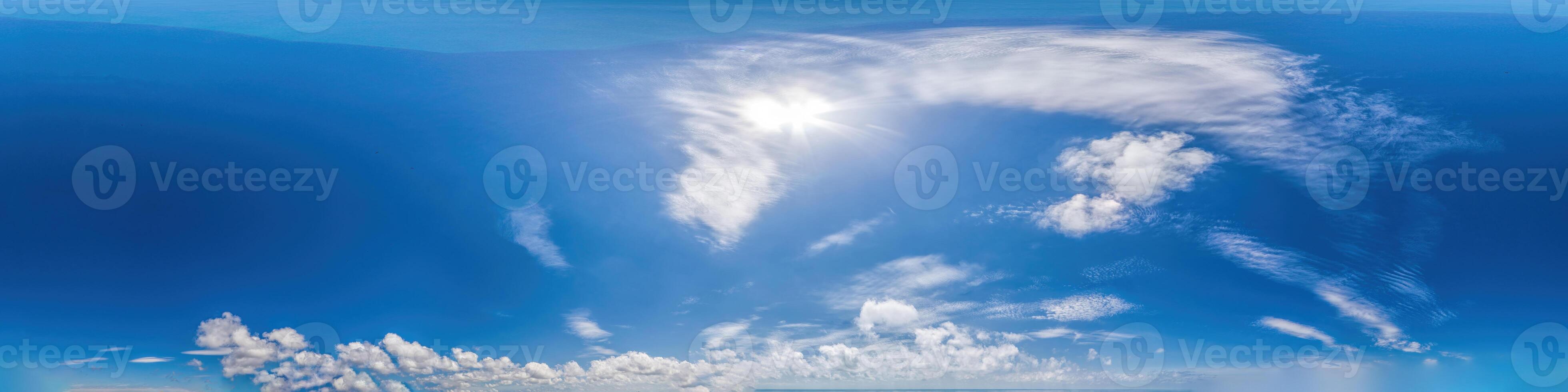 Seamless panorama of sky with light clouds in spherical equirectangular format with complete zenith for use in 3D graphics, game and for composites in aerial drone 360 degree panoramas as a sky dome. photo