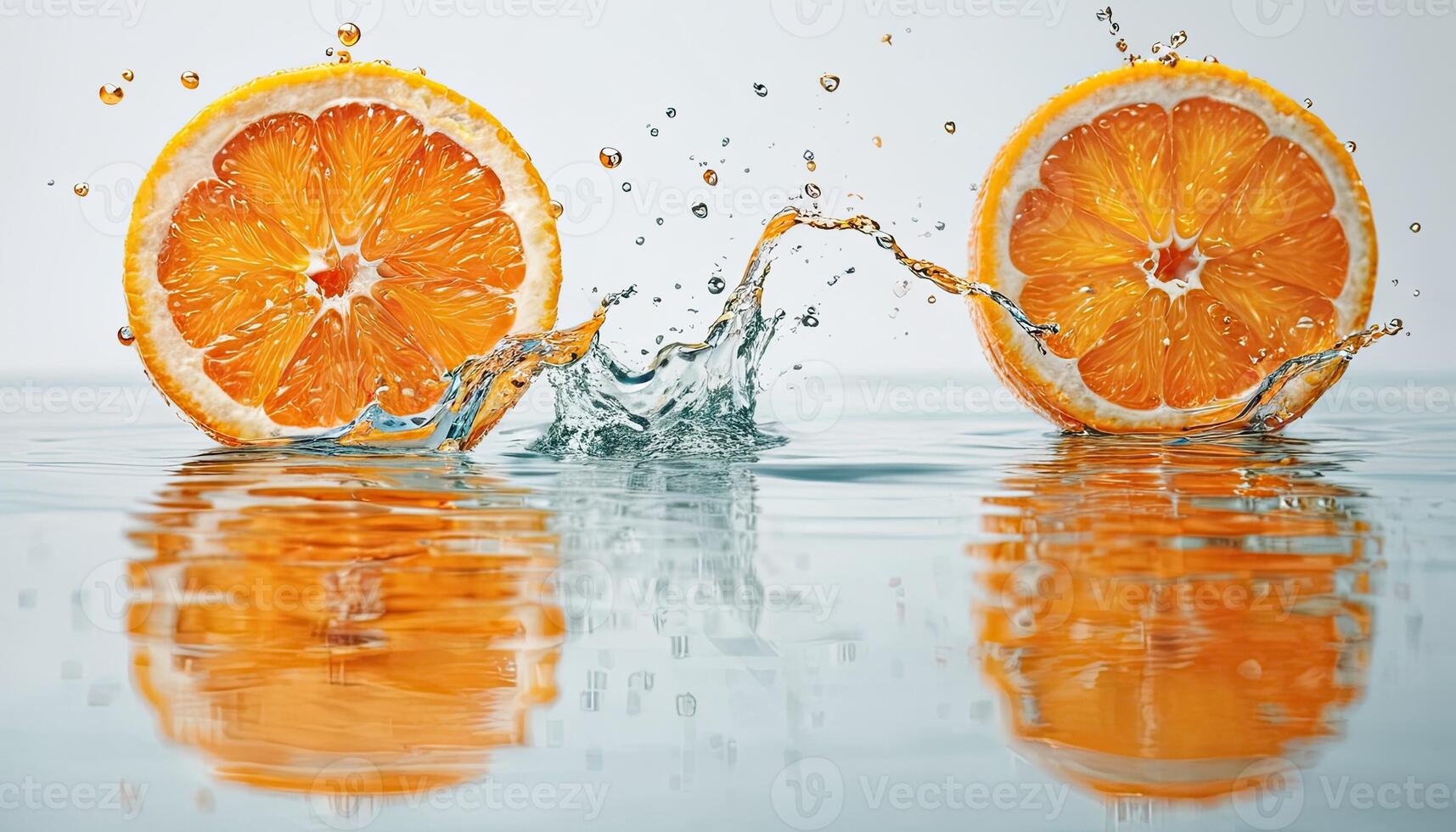 Orange slices in water smooth surface. Bright upright on wet surface photo
