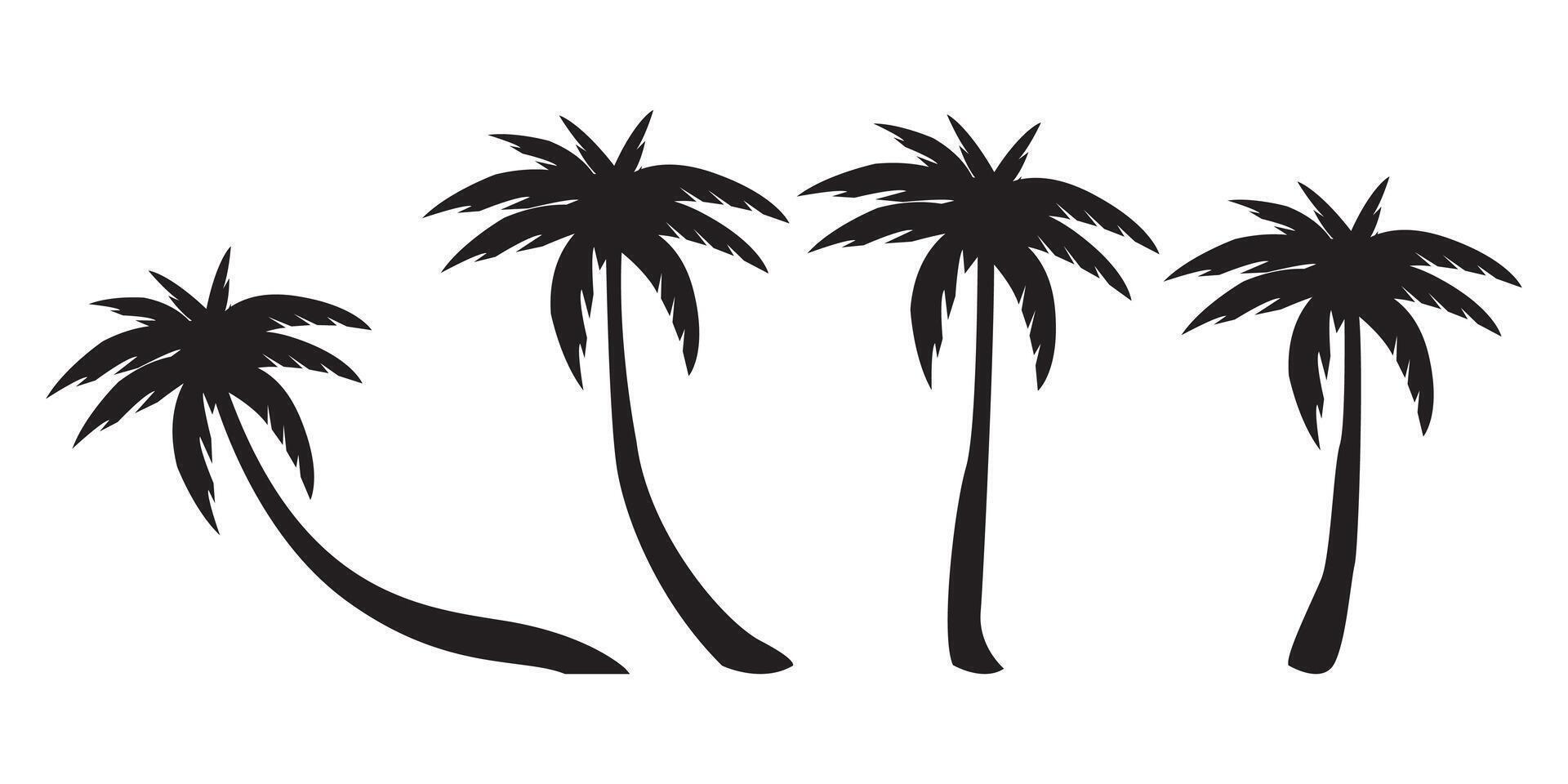 Black palm trees silhouettes set isolated on white background. Tropical palm trees set, Palm silhouettes. Design of palm trees for posters, banners and promotional items. illustration, vector