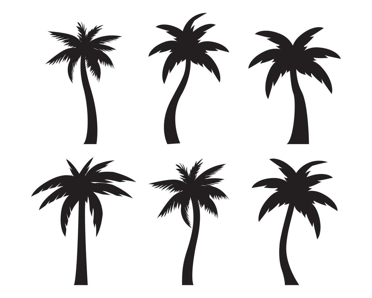 Black palm trees silhouettes set isolated on white background. Tropical palm trees set, Palm silhouettes. Design of palm trees for posters, banners and promotional itemsr illustration, vector