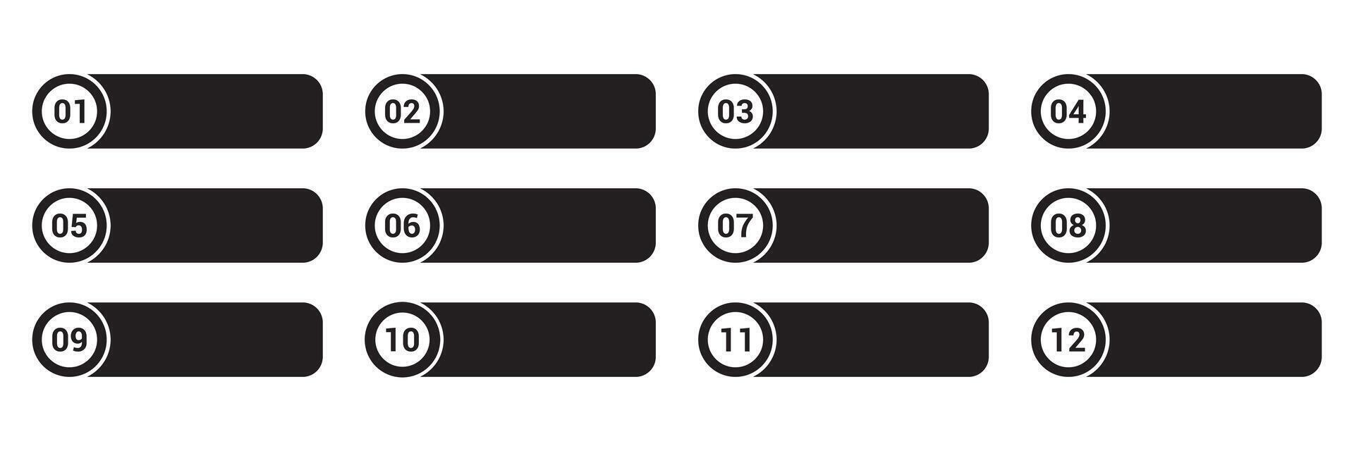 Set of Modern bullet points number 1 to 12, Bullet points with with black stickers and cope space text boxes. Web element. illustration. vector