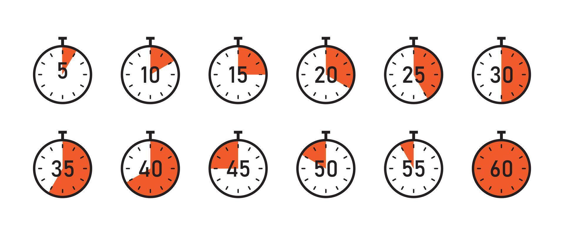 Countdown Timer Symbol Set, stopwatch icons set with different time. Timer, clock, Label cooking time.. Sport, cooking, test, exam, competition, measurement stopwatch illustration. vector