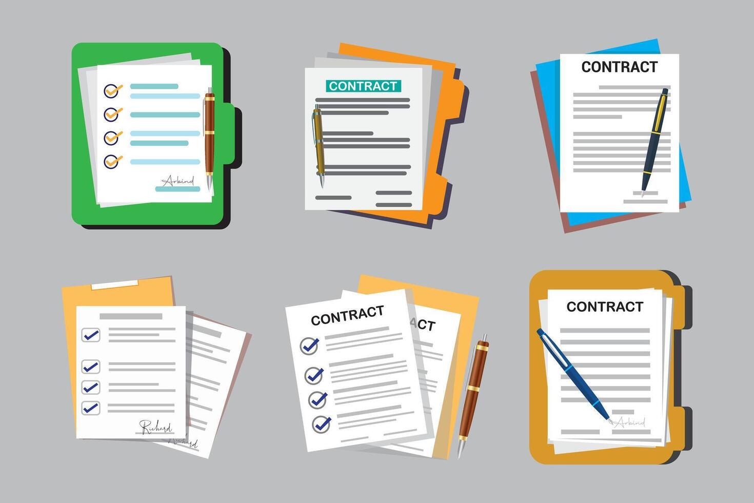 Open file folder with white leaf and sticky notes. Contract or document with text icon. Contract papers. Document, folder with stamp. Set of document Document icon set in flat style. vector