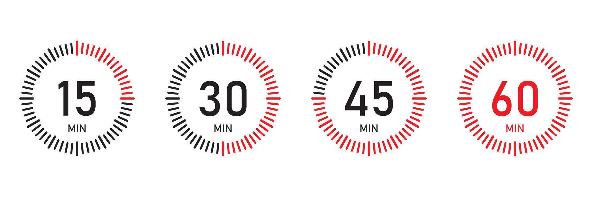 The 15, h icon in black and red flat style, 15, 30, 45,60 m30 and 45 or 60 minutes, stopwatch icon. Stopwatcinutes timer clock, stopwatch isolated set icons. vector