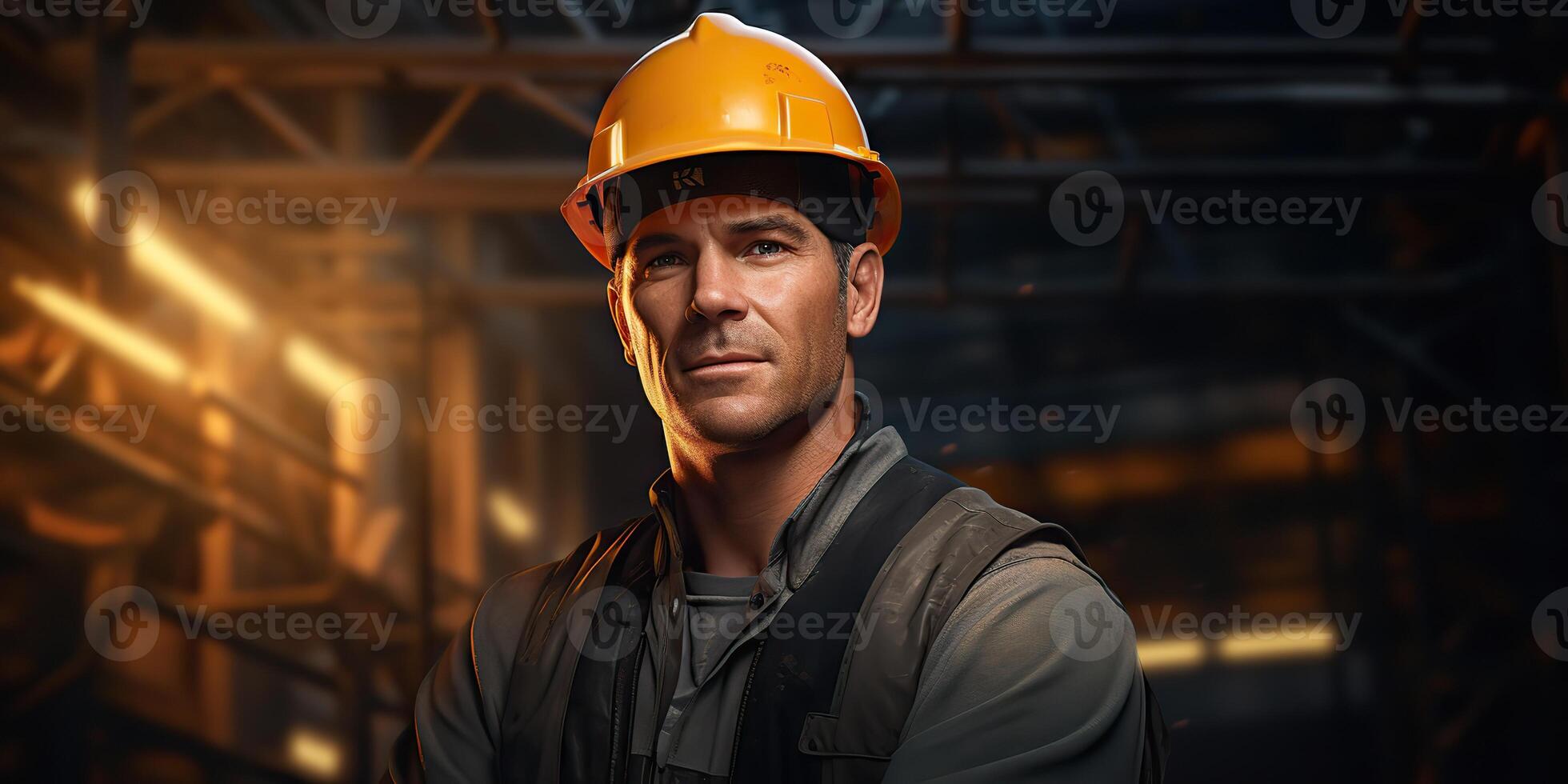 Construction worker portrait face happy but tired. Hndsome guy man looking in the camera at construction building background scene photo