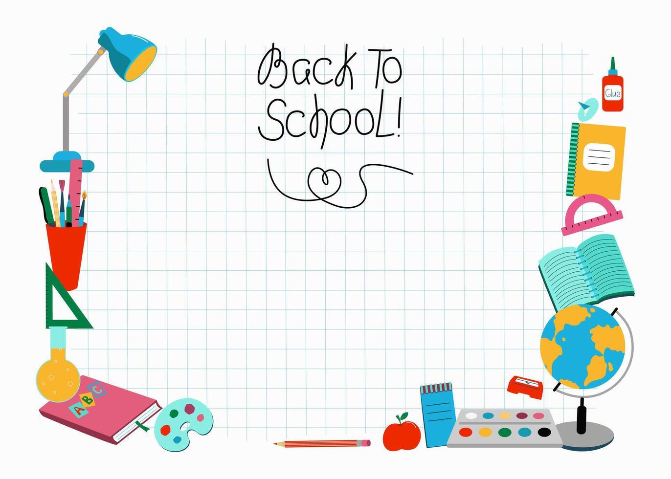 Frame Stationery, accessories for study, school. Hand lettering Back to school. Checkered geometric background. Sheet of school notebook. Place for text, information banner. vector