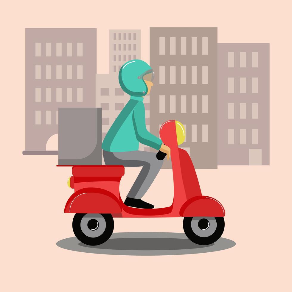 Pizza delivery guy, courier on a scooter. A man in helmet rides a scooter. Delivery of food and goods. Transport, city, houses. vector