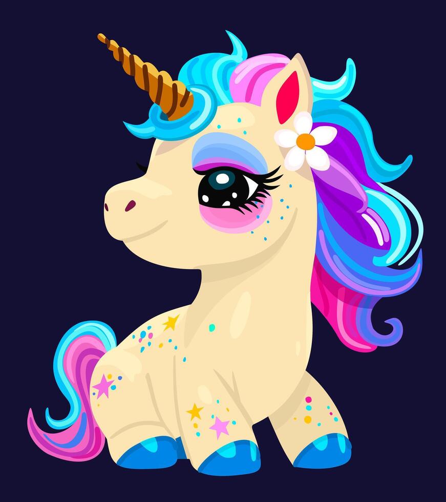 Baby unicorn with bright hair and tail and golden horn. illustration isolated on dark background vector