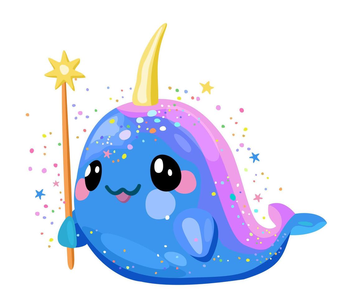 Cute narwhal with magic wand. isolated illustration vector