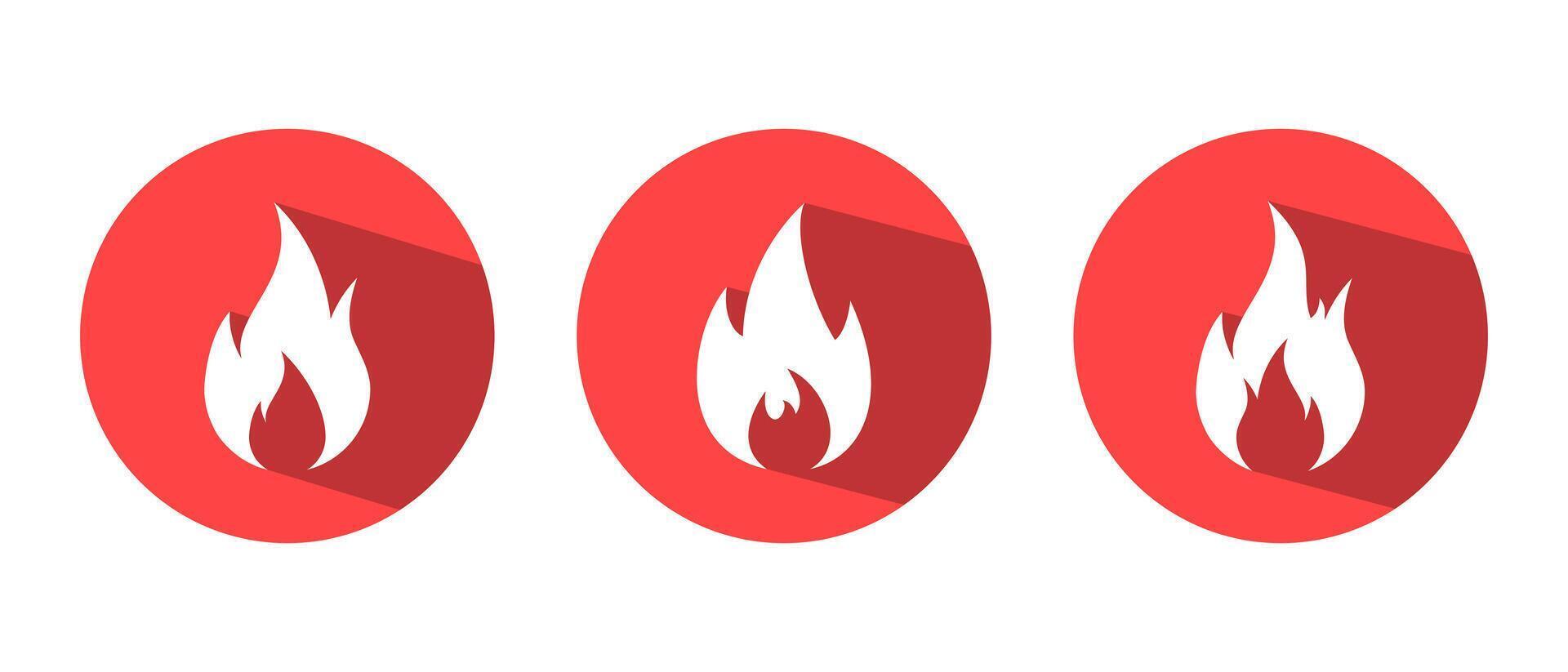 Fire flame icon set long shadow. Bonfire, burn concept vector