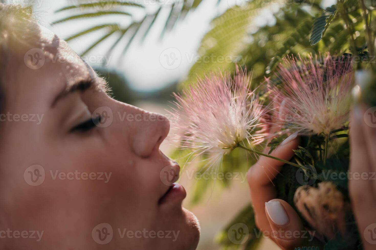 Beauty portrait of happy woman closeup. Young girl smelling Chinese acacia pink blossoming flowers. Portrait of young woman in blooming spring, summer garden. Romantic vibe. Female and nature photo
