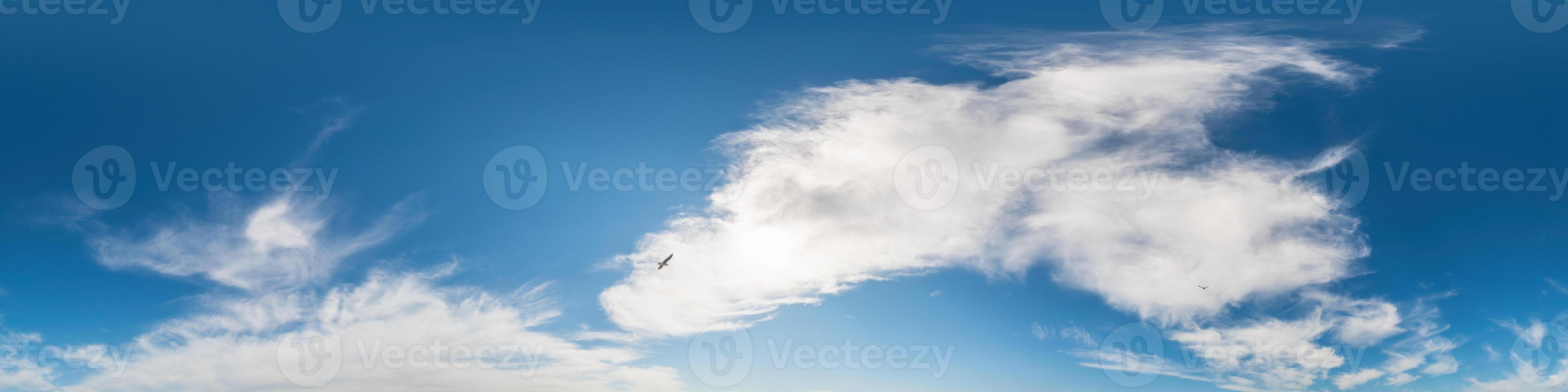 Blue sky panorama with Cirrus clouds. Seamless hdr 360 degree pano in spherical equirectangular format. Sky dome or zenith for 3D visualization, game and sky replacement for aerial drone 360 panoramas photo