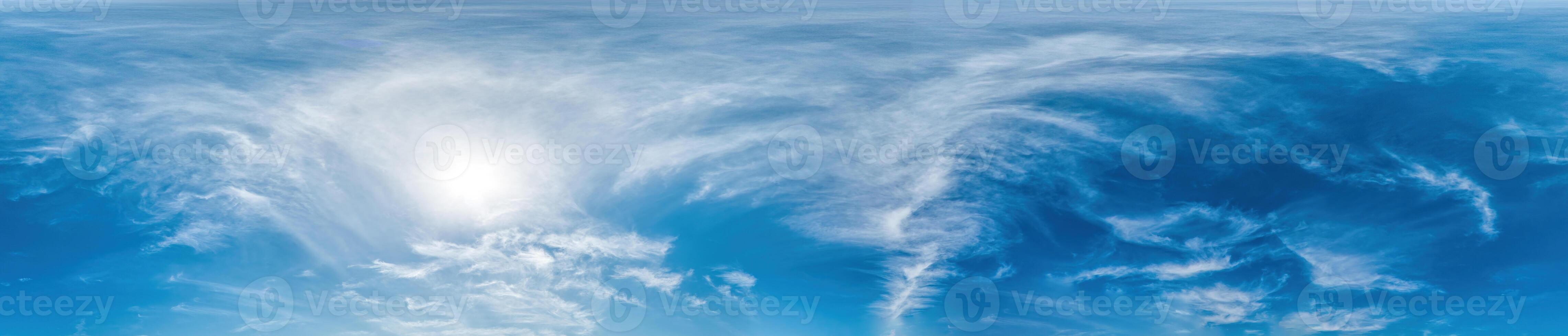 Blue sky with Cirrus clouds Seamless panorama in spherical equirectangular format. Complete zenith for use in 3D graphics, game and for composites in aerial drone 360 degree panoramas as a sky dome photo