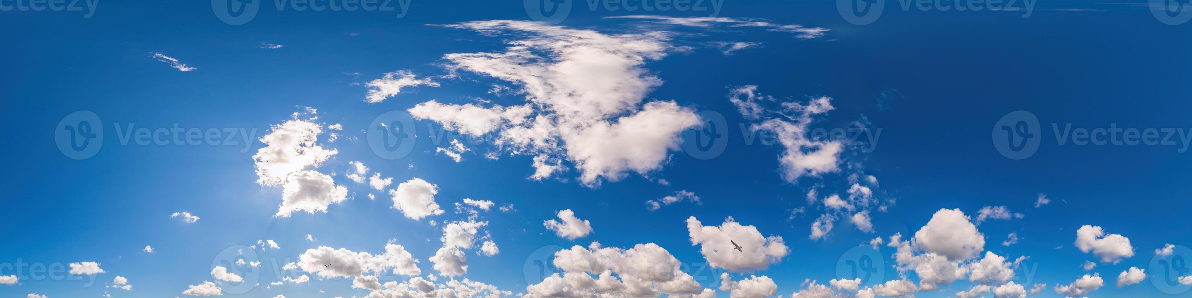 Blue sky panorama with Cirrus clouds. Seamless hdr 360 degree pano in spherical equirectangular format. Sky dome or zenith for 3D visualization, game and sky replacement for aerial drone 360 panoramas photo
