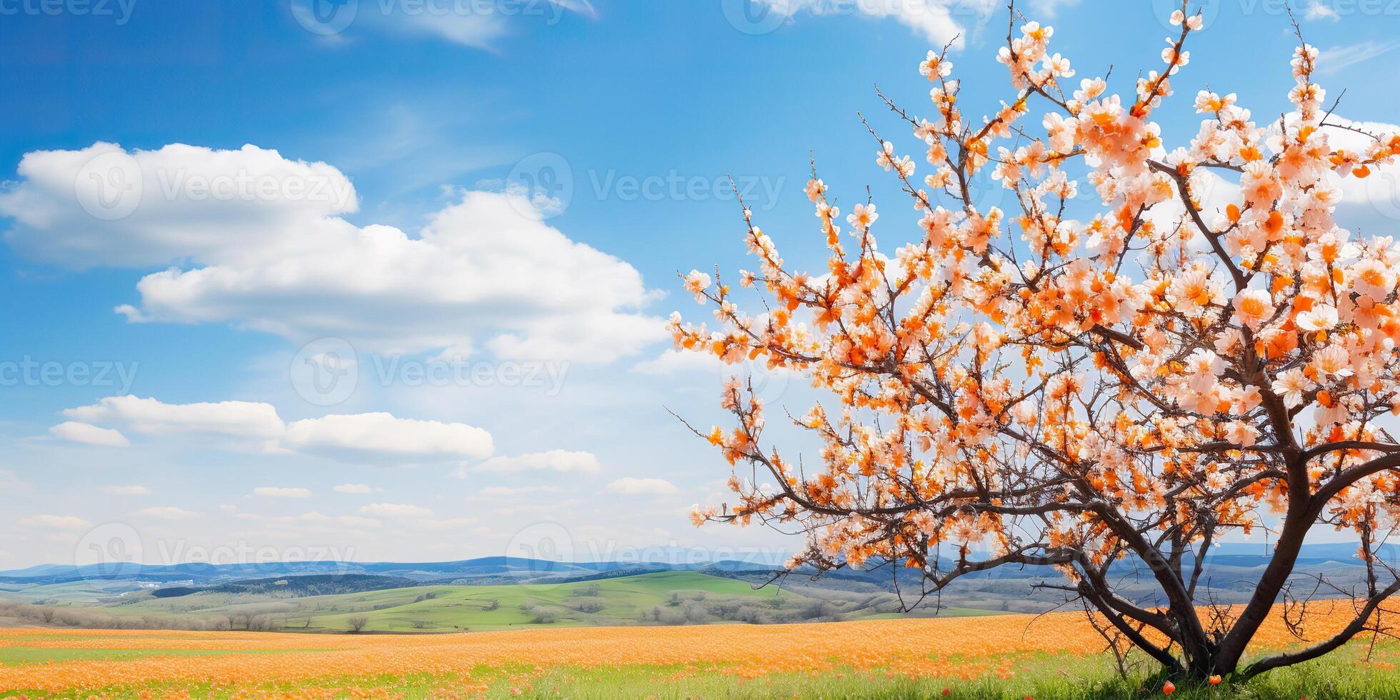 Nature outdoor blooming blossom apricot tree with many flowers on a sunny day meadow landscape scene photo