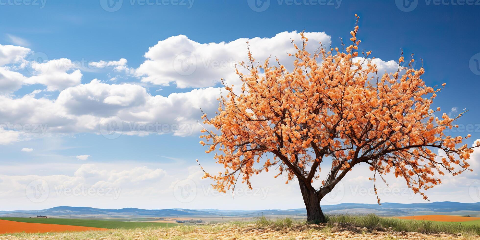 Nature outdoor blooming blossom apricot tree with many flowers on a sunny day meadow landscape scene photo
