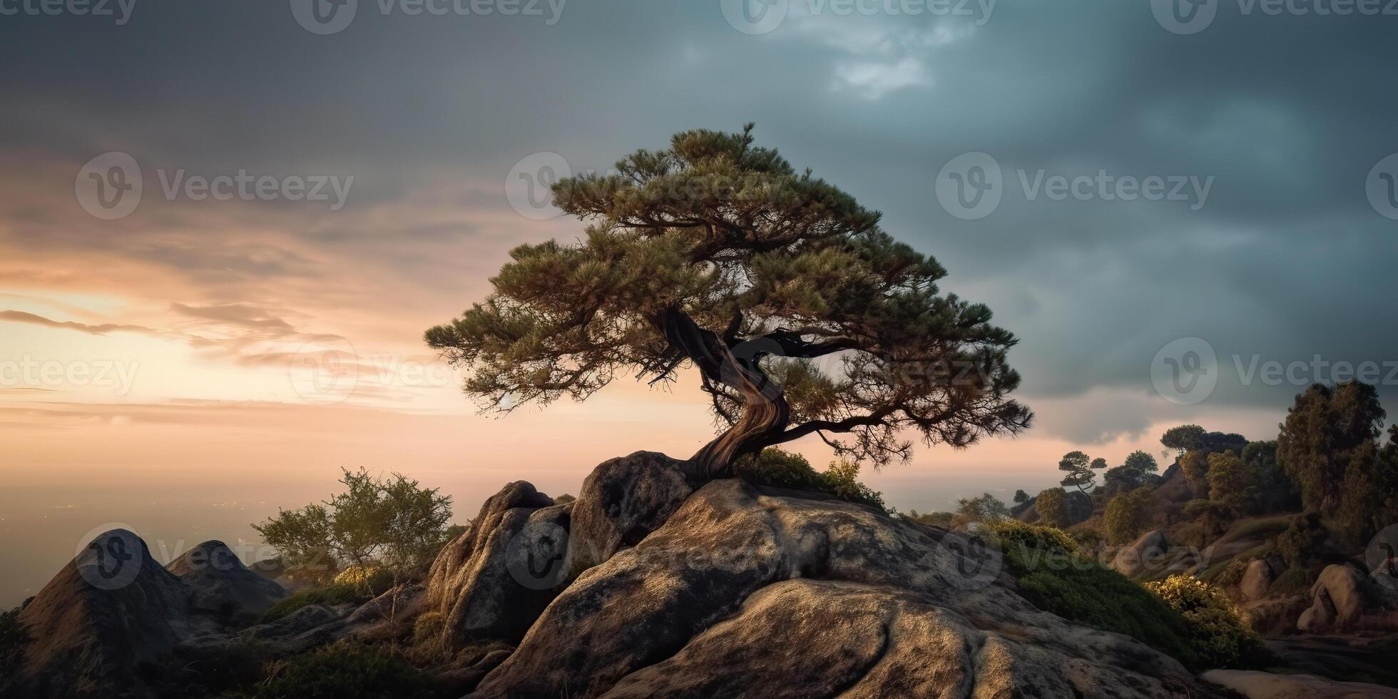 Lonely beautiful tree on the top rock hill mountain at sunset. Nature outdoor scene view photo