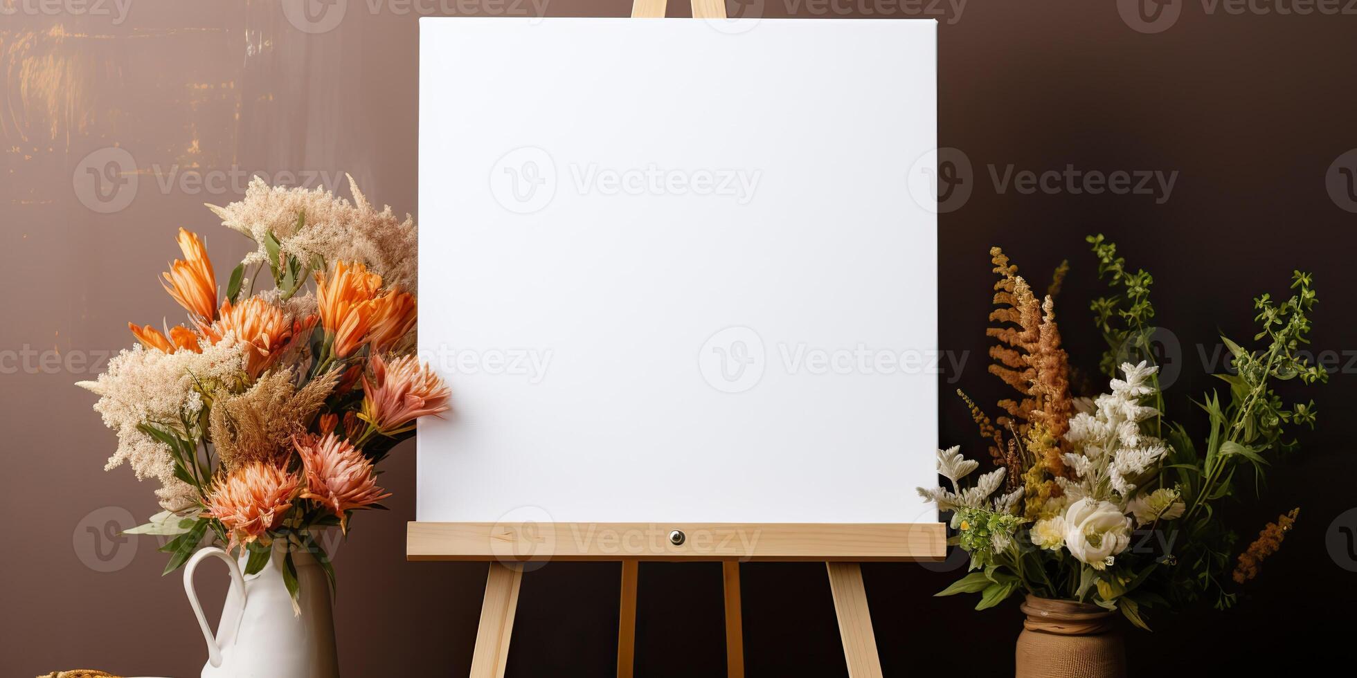 blank white mockup of a white canvas on an easel as a welcome sign at a wedding with many plants flowers view photo