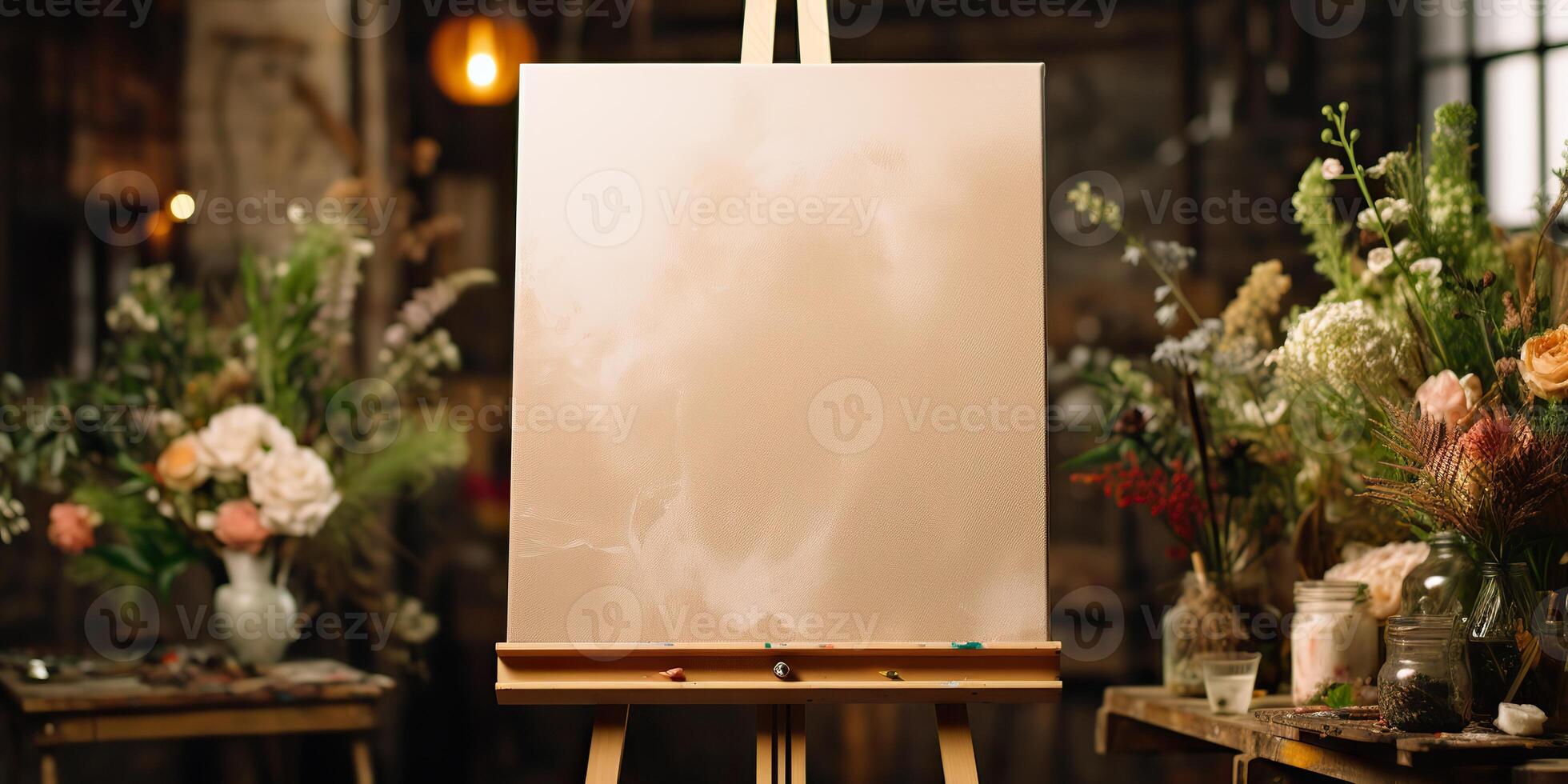 blank white mockup of a white canvas on an easel as a welcome sign at a wedding with many plants flowers view photo