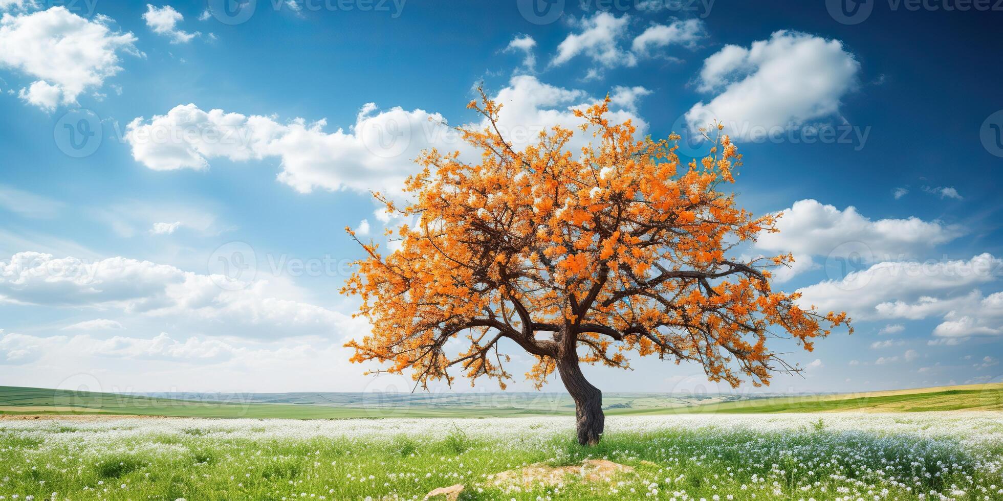 Nature outdoor blooming blossom apricot tree with many flowers on a sunny day meadow landscape scene photo