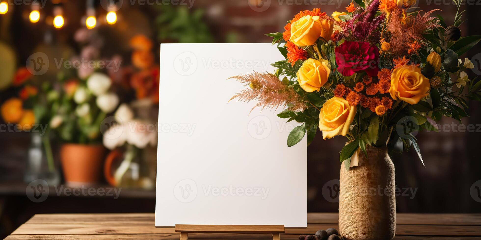 blank white mockup of a white canvas on an easel as a welcome sign at a wedding with many plants flowers view photo