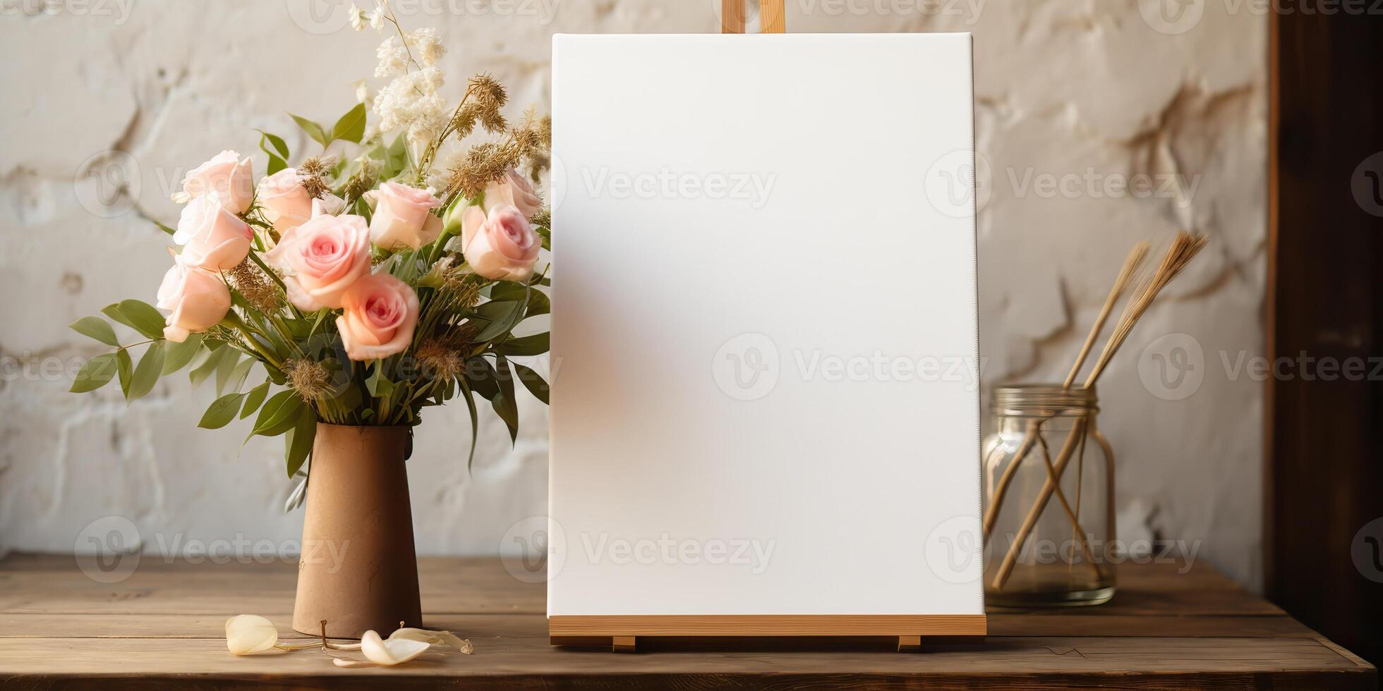 blank white mockup of a white canvas on an easel as a welcome sign at a wedding with many plants flowers view photo