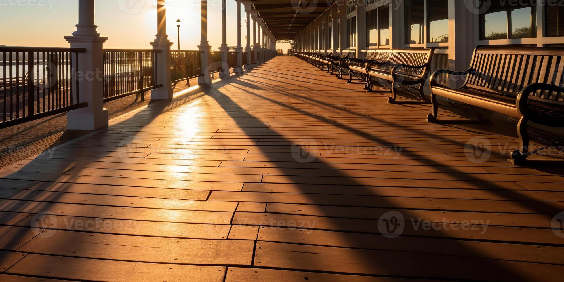 Outdoor boardwalk area with wooden floor and big shadows at sunset background. Relaxing and vacation vibe scene photo
