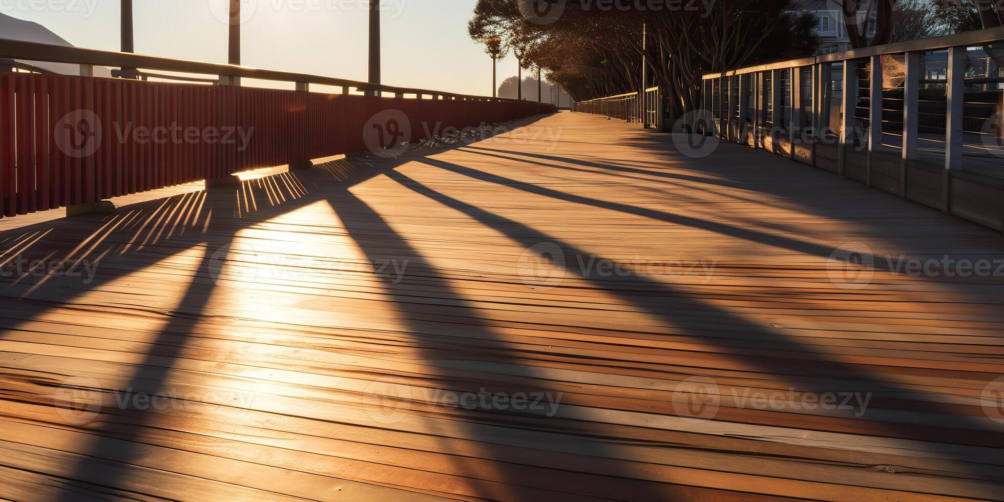 Outdoor boardwalk area with wooden floor and big shadows at sunset background. Relaxing and vacation vibe scene photo