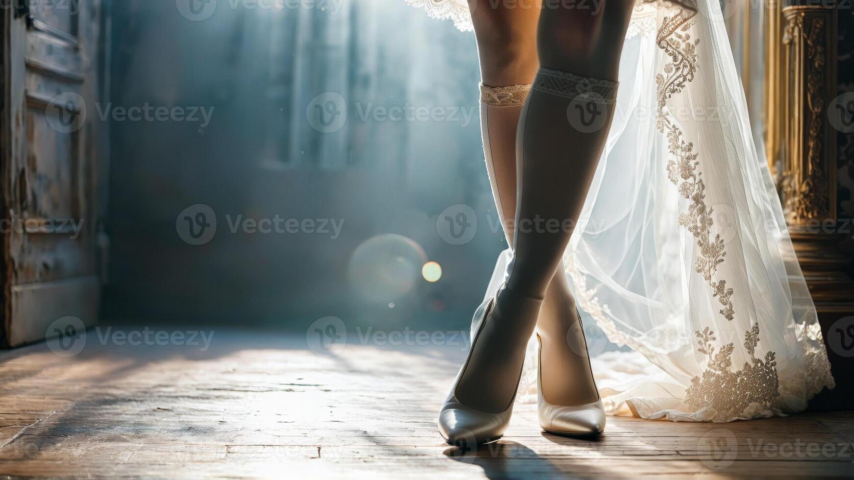 A bridal themed fashion shoot with a model in white attire her long legs photo