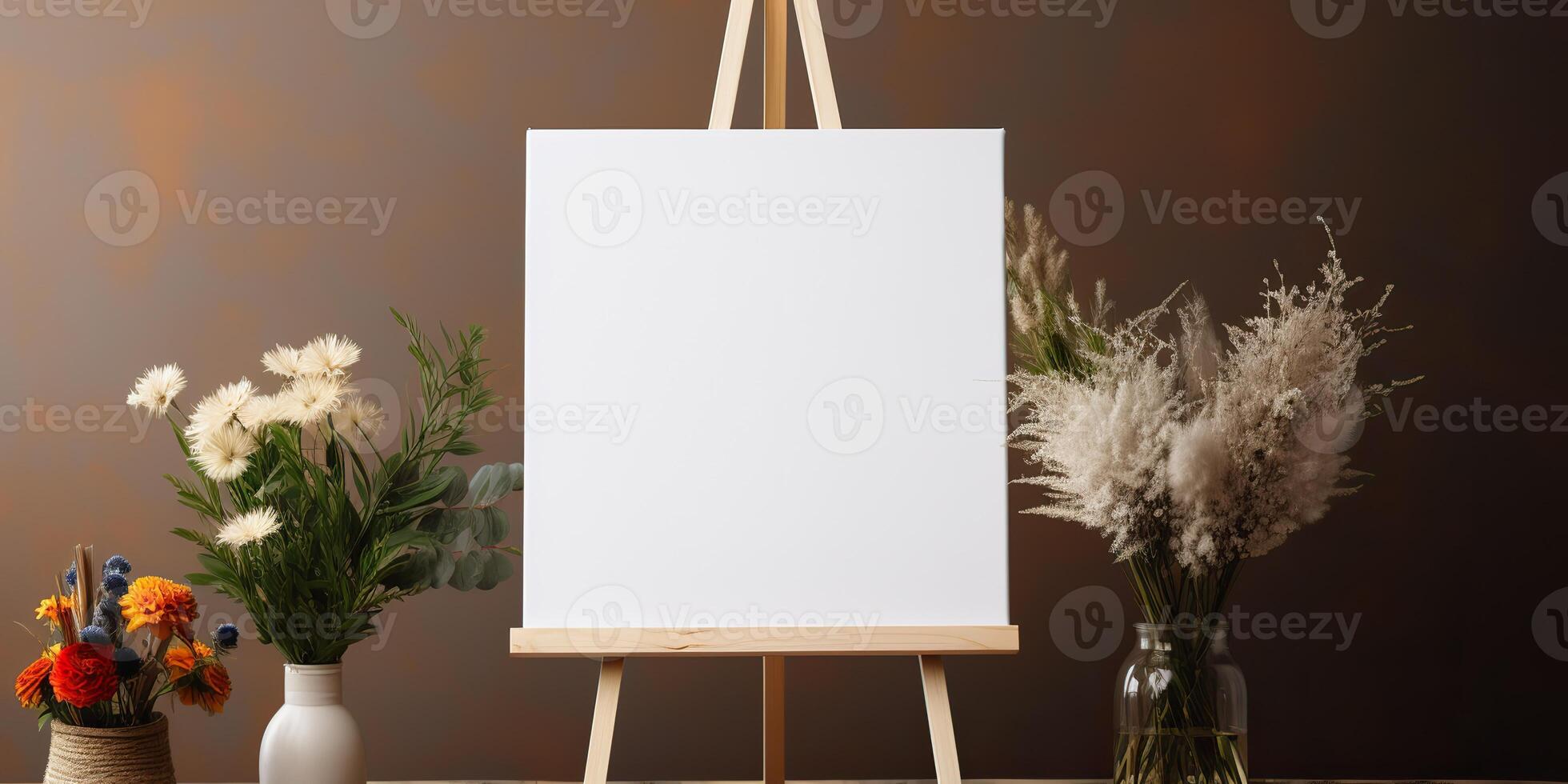 blank white mockup of a white canvas on an easel as a welcome sign at a wedding with many plants flowers view photo