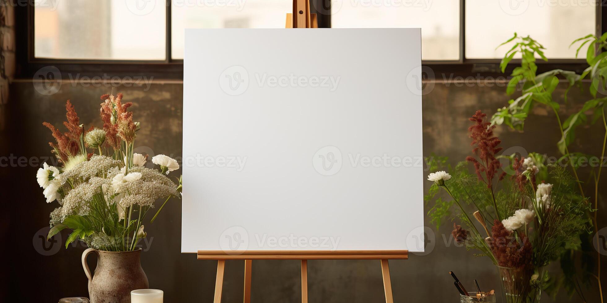 blank white mockup of a white canvas on an easel as a welcome sign at a wedding with many plants flowers view photo