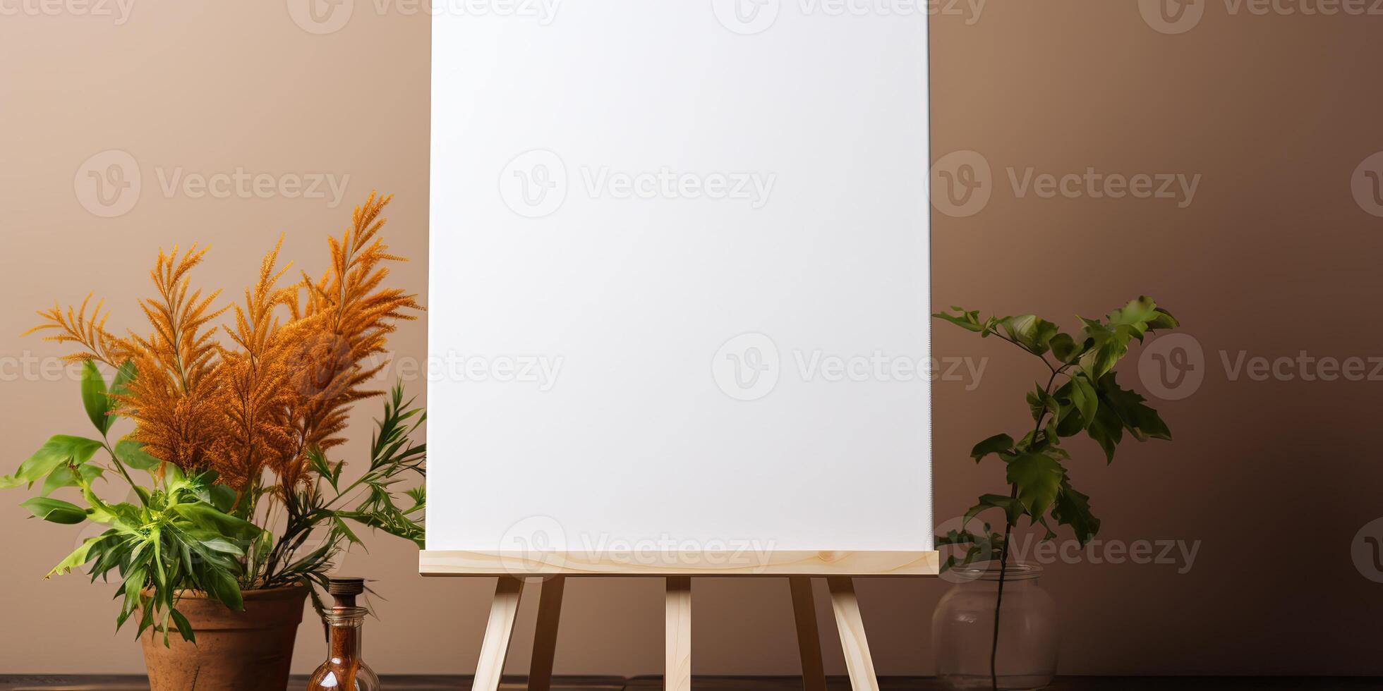 blank white mockup of a white canvas on an easel as a welcome sign at a wedding with many plants flowers view photo