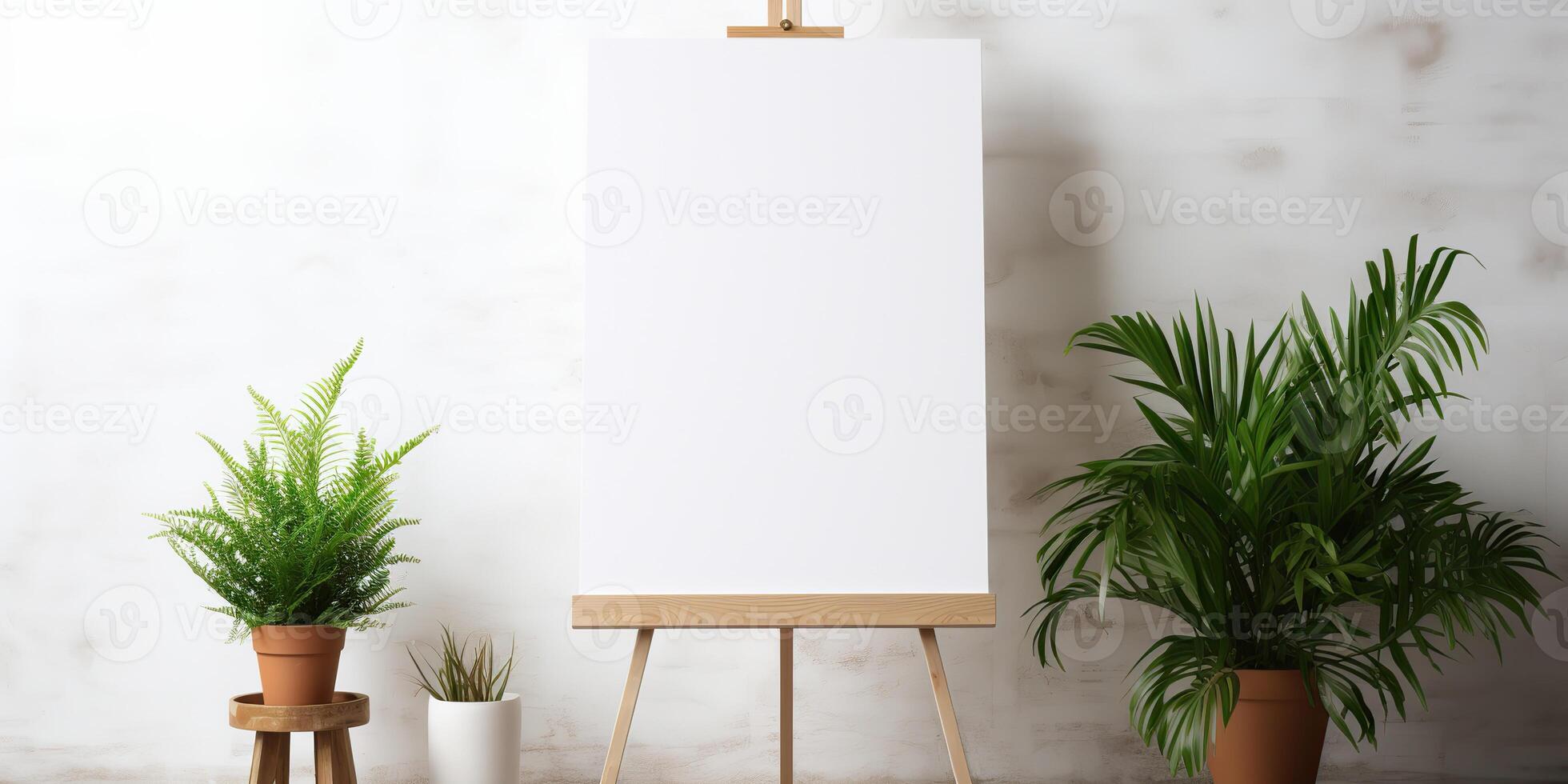 blank white mockup of a white canvas on an easel as a welcome sign at a wedding with many plants flowers view photo