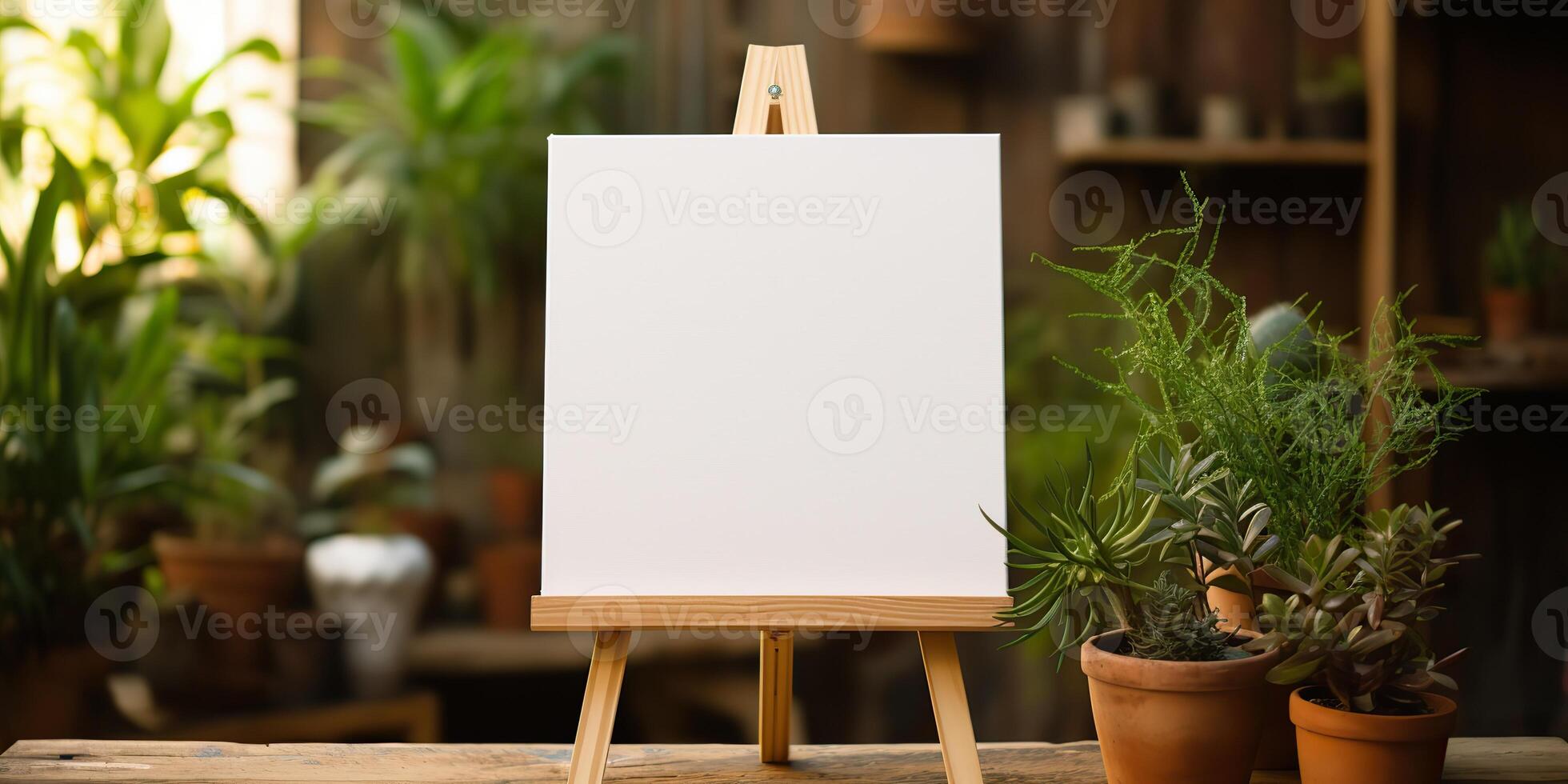 blank white mockup of a white canvas on an easel as a welcome sign at a wedding with many plants flowers view photo