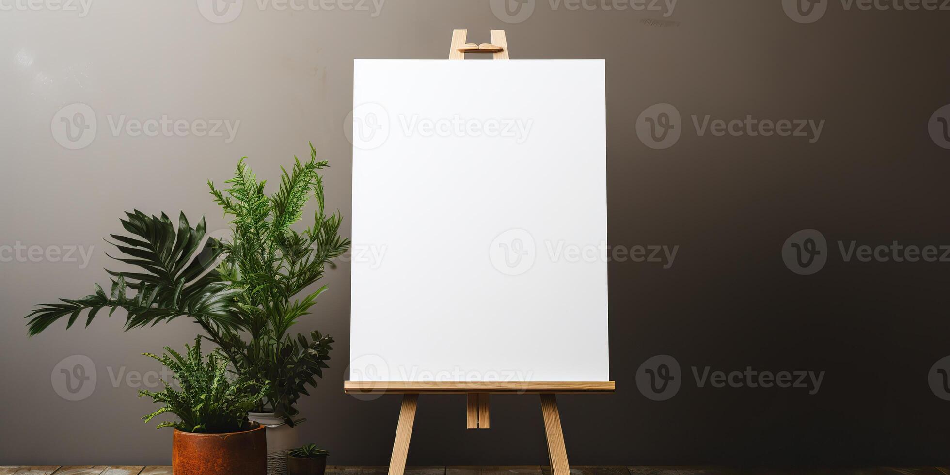 blank white mockup of a white canvas on an easel as a welcome sign at a wedding with many plants flowers view photo