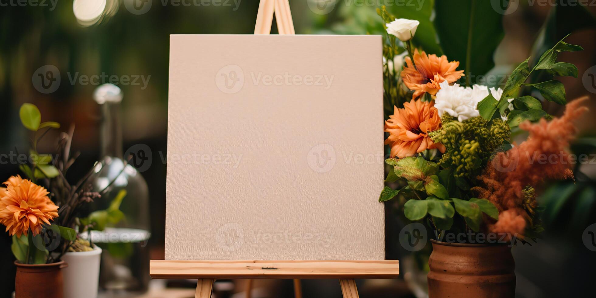 blank white mockup of a white canvas on an easel as a welcome sign at a wedding with many plants flowers view photo