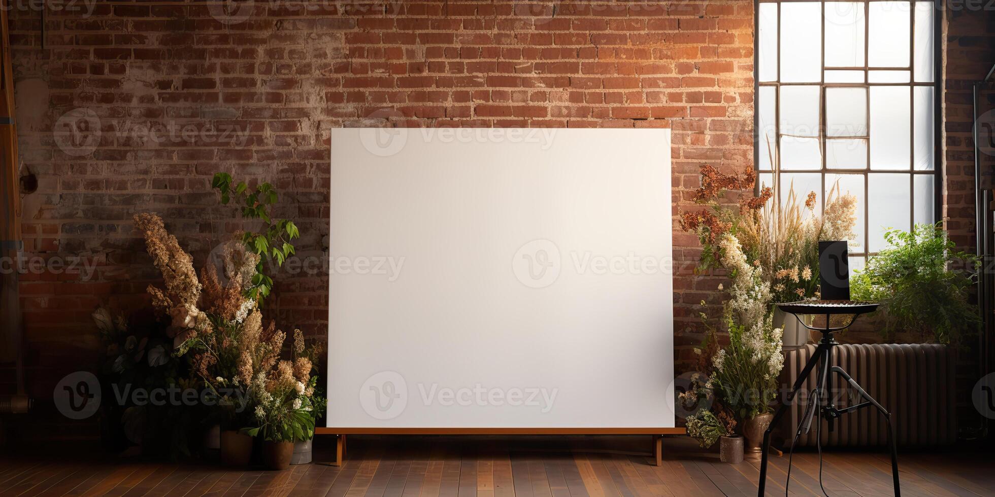 blank white mockup of a white canvas on an easel as a welcome sign at a wedding with many plants flowers view photo