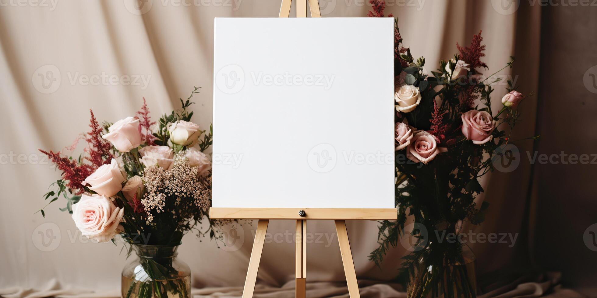 blank white mockup of a white canvas on an easel as a welcome sign at a wedding with many plants flowers view photo