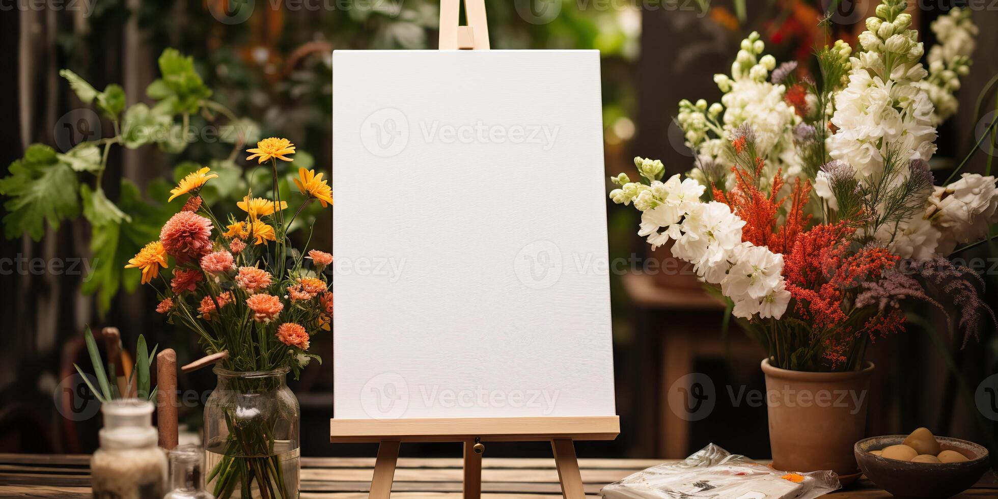 blank white mockup of a white canvas on an easel as a welcome sign at a wedding with many plants flowers view photo