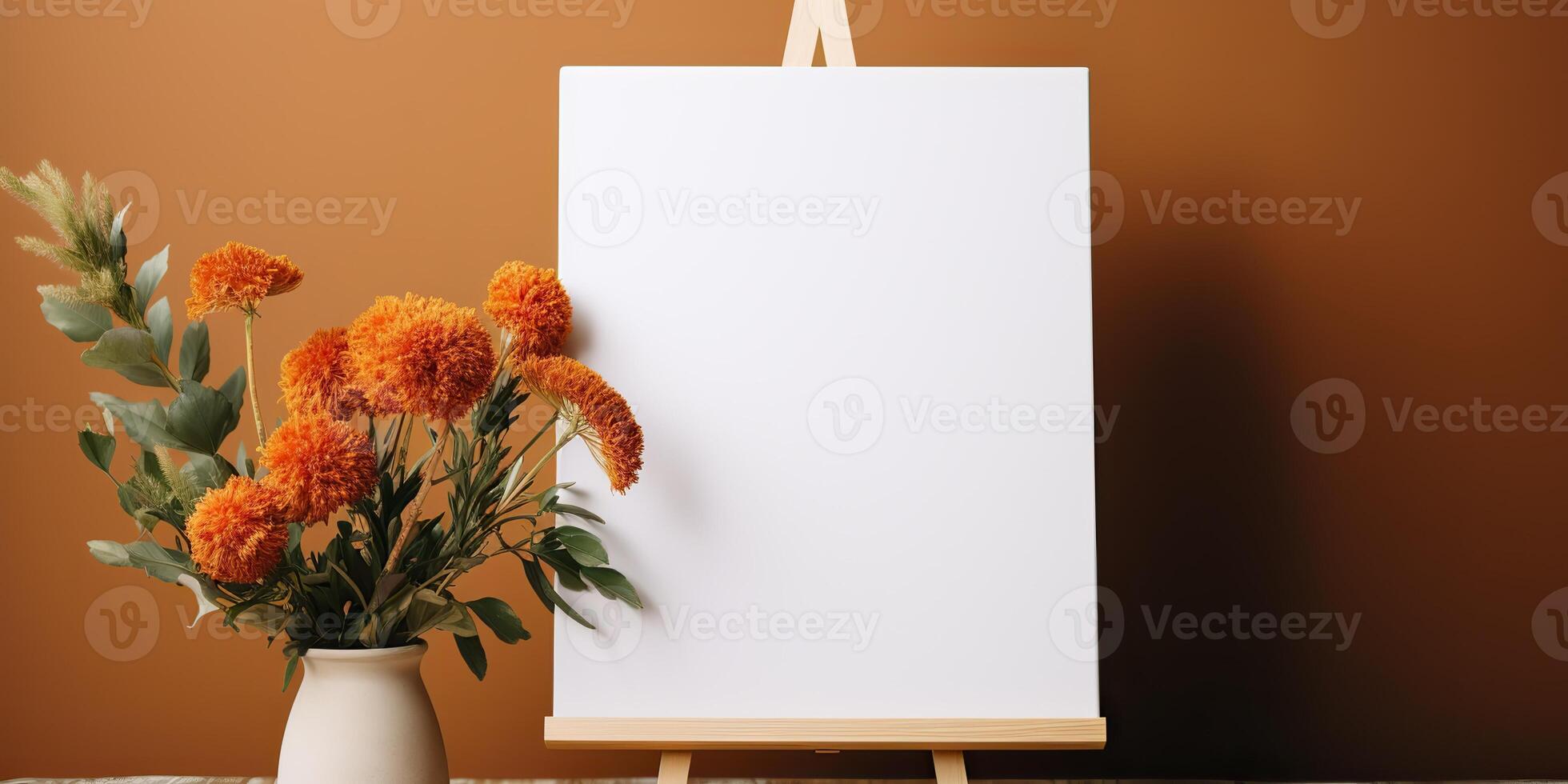 blank white mockup of a white canvas on an easel as a welcome sign at a wedding with many plants flowers view photo
