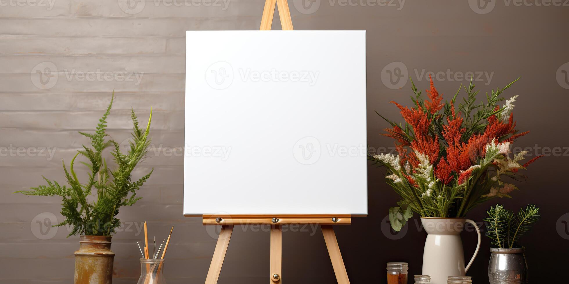 blank white mockup of a white canvas on an easel as a welcome sign at a wedding with many plants flowers view photo