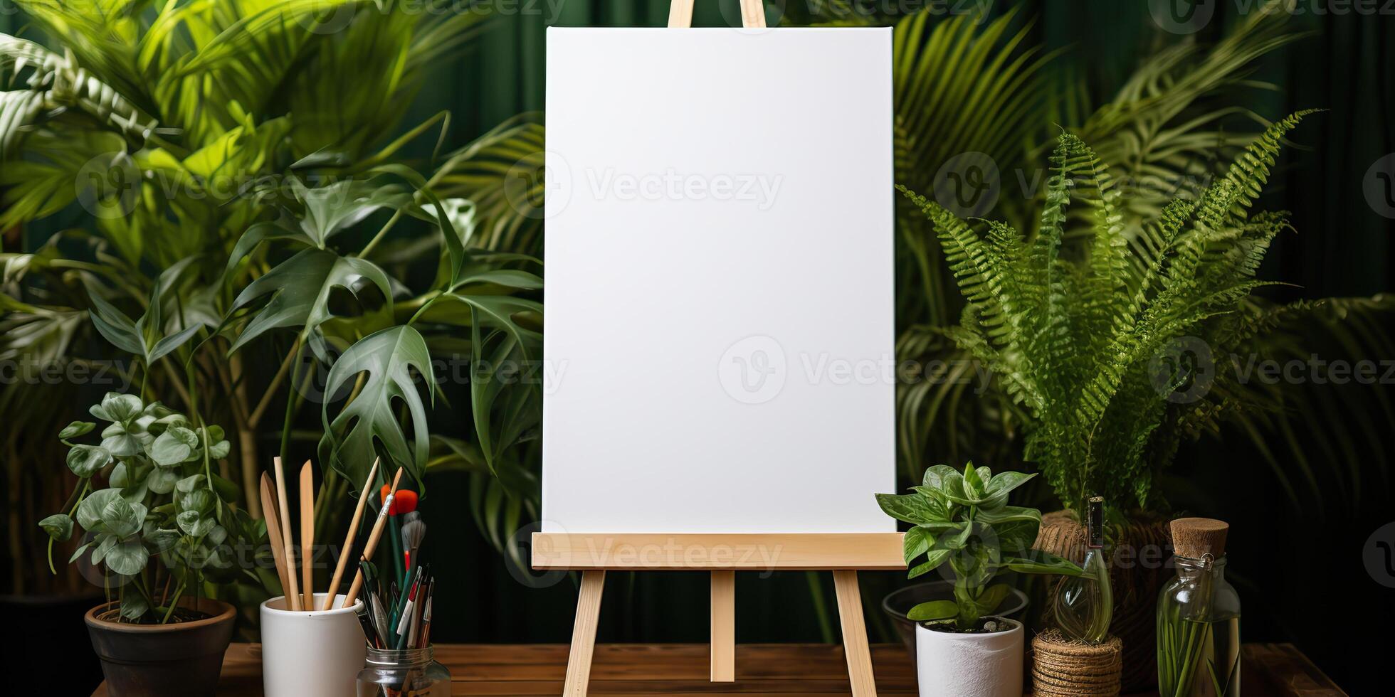 blank white mockup of a white canvas on an easel as a welcome sign at a wedding with many plants flowers view photo