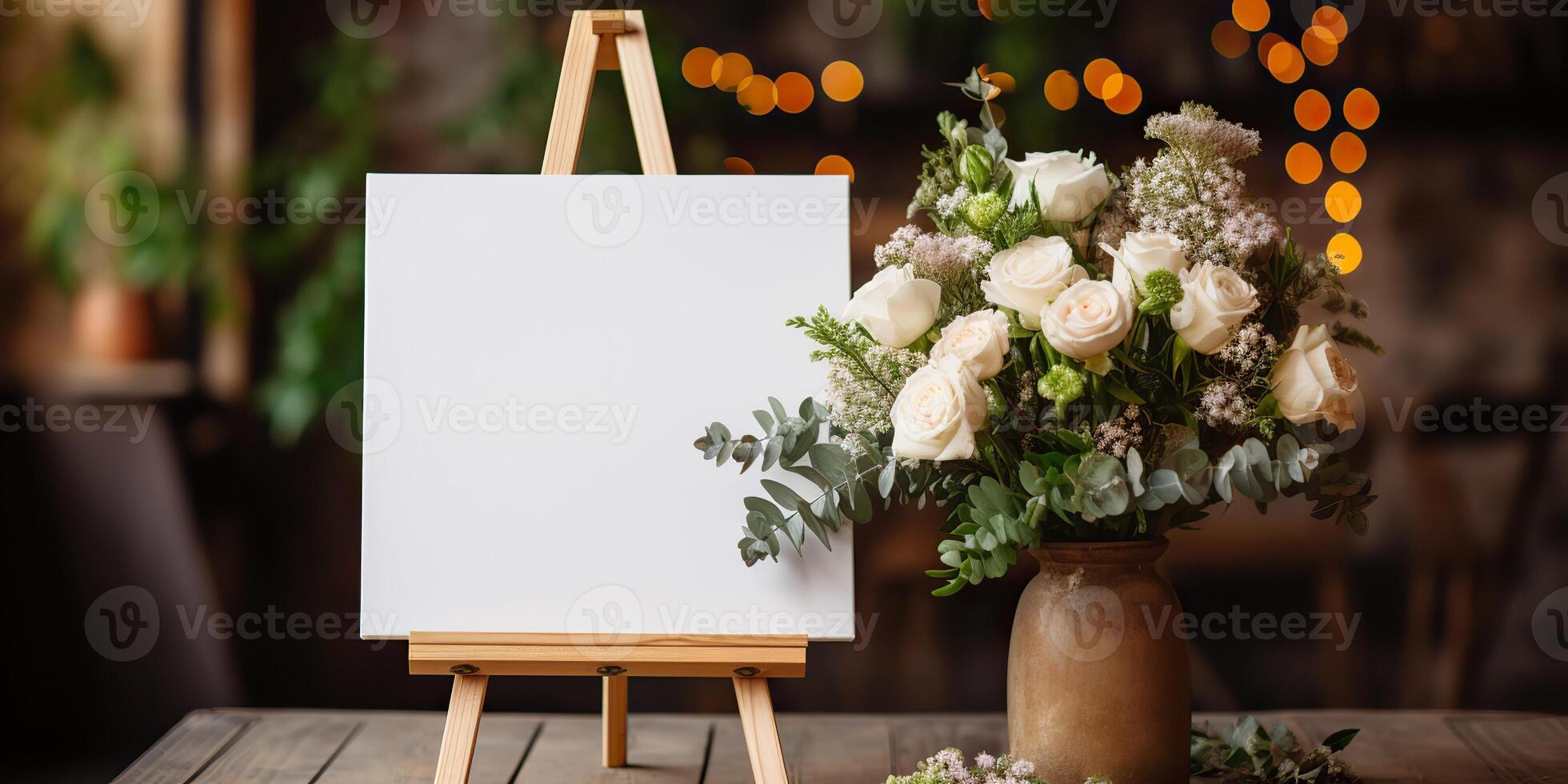 blank white mockup of a white canvas on an easel as a welcome sign at a wedding with many plants flowers view photo