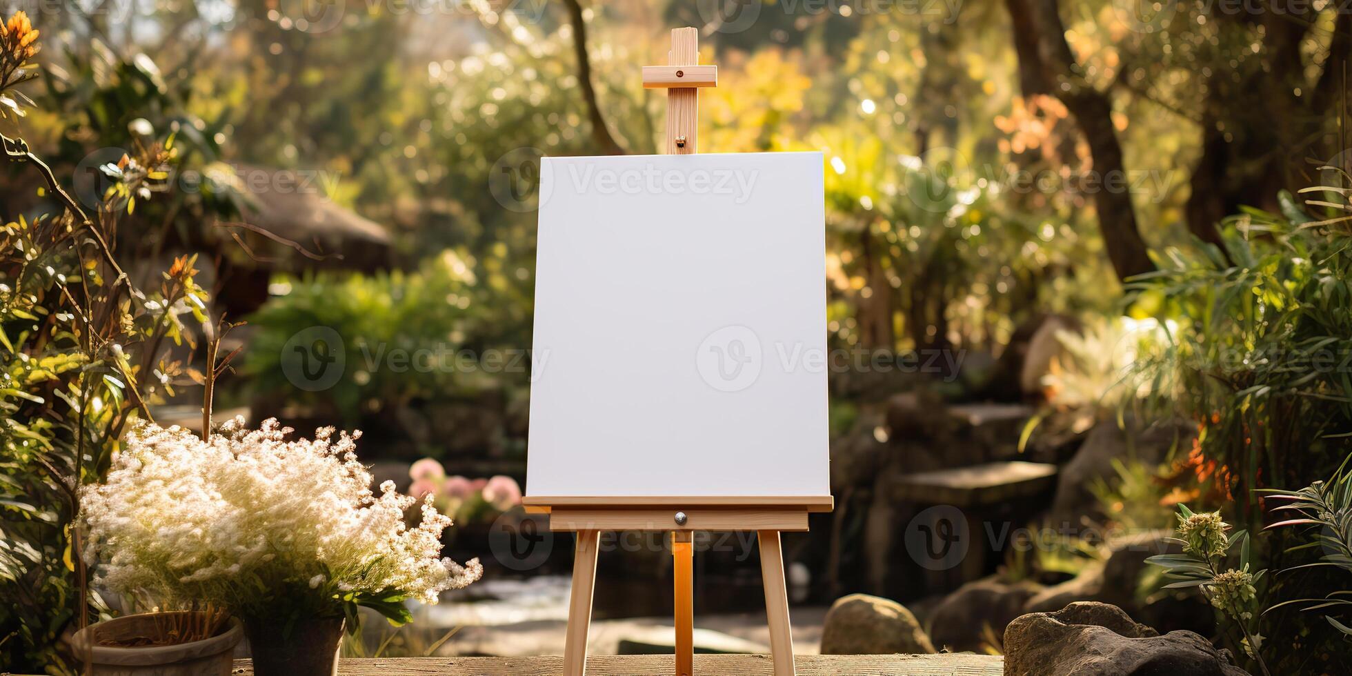 blank white mockup of a white canvas on an easel as a welcome sign at a wedding with many plants flowers view photo