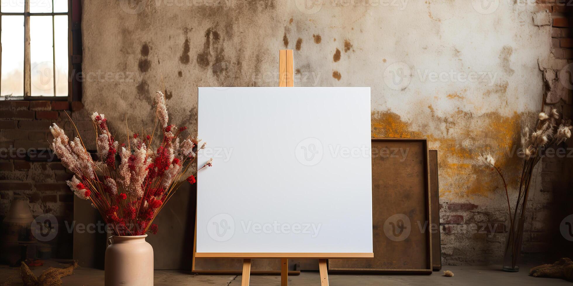 blank white mockup of a white canvas on an easel as a welcome sign at a wedding with many plants flowers view photo